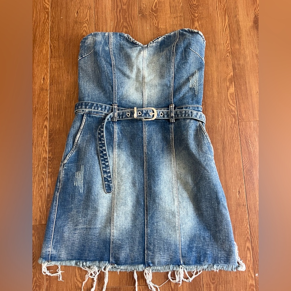 Denim Strapless Dress with Belt